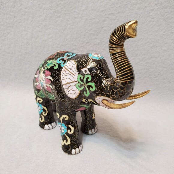 Vintage Cloisonne Elephant Figurine, Enamel, Upraised Trunk Up, Good Luck Statue - Picture 4 of 8